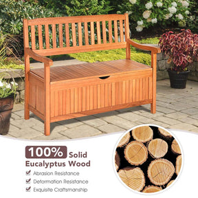 42" Outdoor Eucalyptus Wood Storage Bench Deck Box 33 Gallon with Waterproof Inner Lining, 2 Person Garden Loveseat for Porch, Yard & Balcony