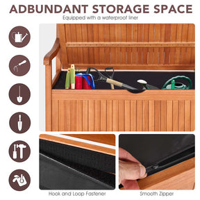42" Outdoor Eucalyptus Wood Storage Bench Deck Box 33 Gallon with Waterproof Inner Lining, 2 Person Garden Loveseat for Porch, Yard & Balcony