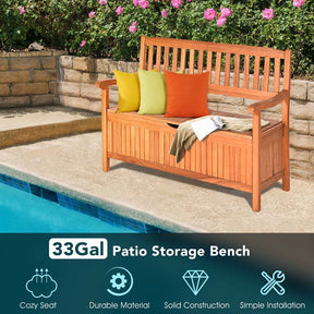 42" Outdoor Eucalyptus Wood Storage Bench Deck Box 33 Gallon with Waterproof Inner Lining, 2 Person Garden Loveseat for Porch, Yard & Balcony