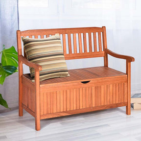 42" Outdoor Eucalyptus Wood Storage Bench Deck Box 33 Gallon with Waterproof Inner Lining, 2 Person Garden Loveseat for Porch, Yard & Balcony