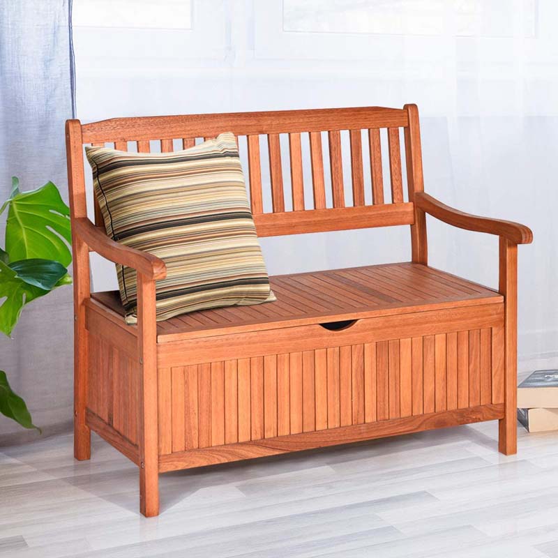 42" Outdoor Eucalyptus Wood Storage Bench Deck Box 33 Gallon with Waterproof Inner Lining, 2 Person Garden Loveseat for Porch, Yard & Balcony