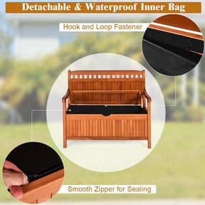42" Outdoor Eucalyptus Wood Storage Bench Deck Box 33 Gallon with Waterproof Inner Lining, 2 Person Garden Loveseat for Porch, Yard & Balcony