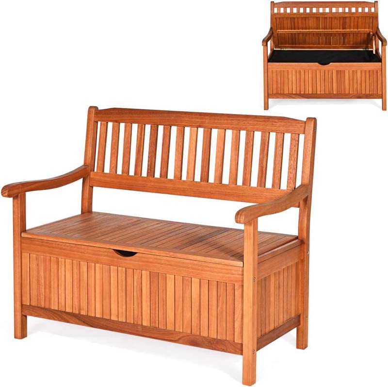 42" Outdoor Eucalyptus Wood Storage Bench Deck Box 33 Gallon with Waterproof Inner Lining, 2 Person Garden Loveseat for Porch, Yard & Balcony