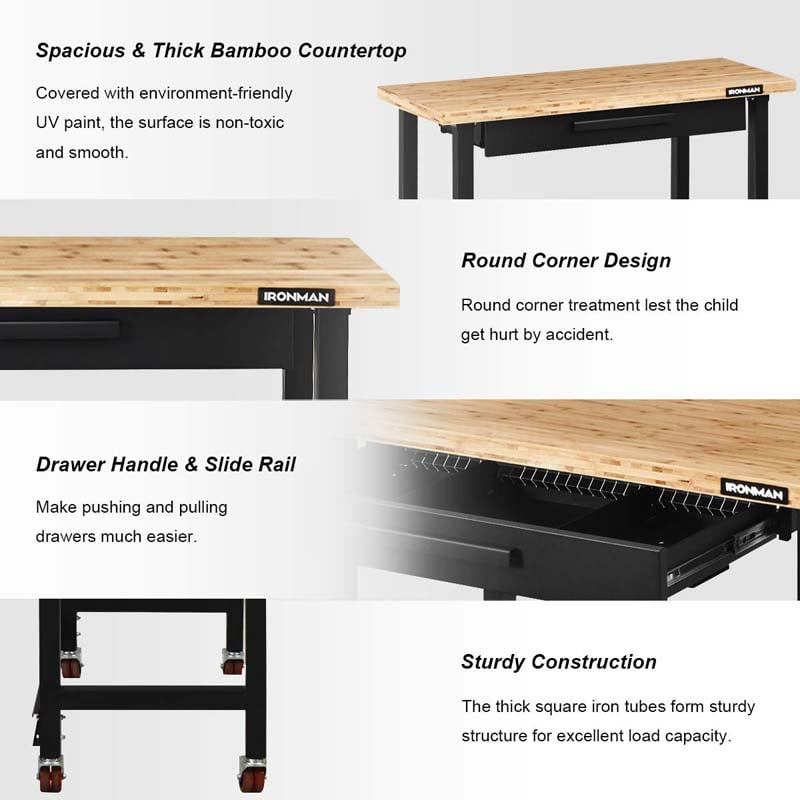 48" Mobile Workbench with Sliding Organizer Drawer & Two Lockable Casters, Bamboo Tabletop Workstation