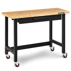 48" Mobile Workbench with Sliding Organizer Drawer & Two Lockable Casters, Bamboo Tabletop Workstation