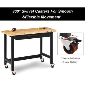 48" Mobile Workbench with Sliding Organizer Drawer & Two Lockable Casters, Bamboo Tabletop Workstation