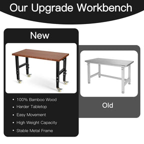 48" x 24" Bamboo Mobile Workbench with Casters, Heavy-Duty Steel Work Table Adjustable Height Workstation