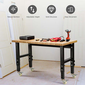 48" x 24" Bamboo Mobile Workbench with Casters, Heavy-Duty Steel Work Table Adjustable Height Workstation