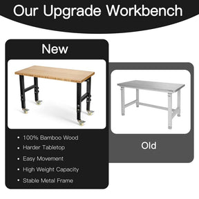 48" x 24" Bamboo Mobile Workbench with Casters, Heavy-Duty Steel Work Table Adjustable Height Workstation
