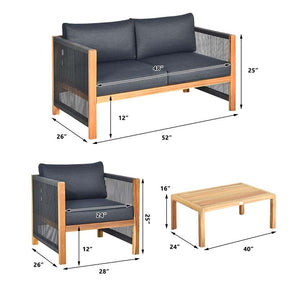 4 Pcs Acacia Wood Outdoor Loveseat Sofa Set with 2 Single Chairs & Coffee Table, Cushions