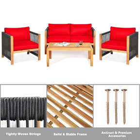 4 Pcs Acacia Wood Outdoor Loveseat Sofa Set with 2 Single Chairs & Coffee Table, Cushions