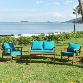 4 Pcs Acacia Wood Patio Furniture Set Outdoor Sofa Chair Conversation Set with Seat & Back Cushions