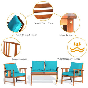 4 Pcs Acacia Wood Patio Furniture Set Outdoor Sofa Chair Conversation Set with Seat & Back Cushions