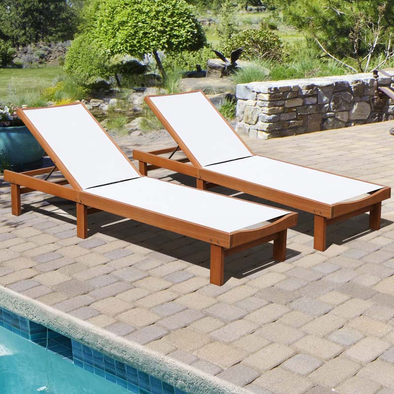 Eucalyptus Wood Outdoor Chaise Lounge Chair, 5-Position Adjustable Patio Recliner Sun Lounger with Breathable Quick-Drying Fabric for Poolside