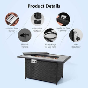 52" 50000 BTU Rattan Outdoor Propane Gas Fire Pit Table with Marble Tabletop, Lava Rocks & PVC Cover