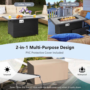 52" 50000 BTU Rattan Outdoor Propane Gas Fire Pit Table with Marble Tabletop, Lava Rocks & PVC Cover