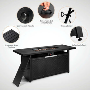 57" Rectangular Propane Fire Pit Table, 50000 BTU Outdoor Gas Fire Table with Lid & Lava Rocks