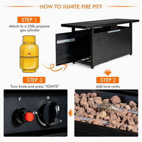57" Rectangular Propane Fire Pit Table, 50000 BTU Outdoor Gas Fire Table with Lid & Lava Rocks