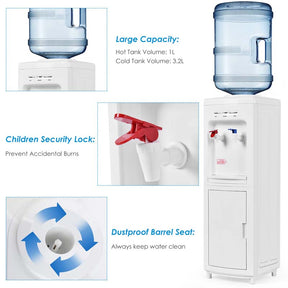 Top Loading Water Cooler Dispenser for 3-5 Gallon Bottle, Hot & Cold Freestanding Water Dispenser with Storage Cabinet & Child Lock for Home Office