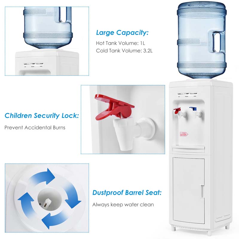 Top Loading Water Cooler Dispenser for 3-5 Gallon Bottle, Hot & Cold Freestanding Water Dispenser with Storage Cabinet & Child Lock for Home Office