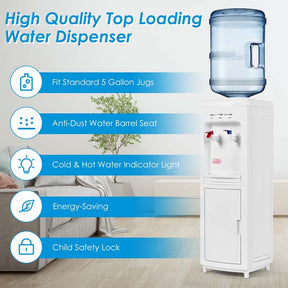 Top Loading Water Cooler Dispenser for 3-5 Gallon Bottle, Hot & Cold Freestanding Water Dispenser with Storage Cabinet & Child Lock for Home Office