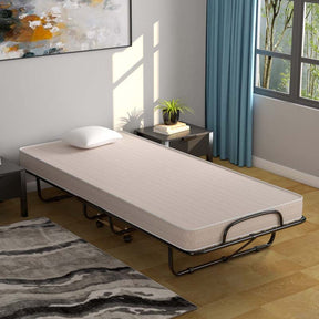 Twin Folding Bed w/ 5" Memory Foam Mattress, Portable Rollaway Guest Bed on Wheels, Heavy Duty Steel Frame, Space-Saving Design, Made in Italy