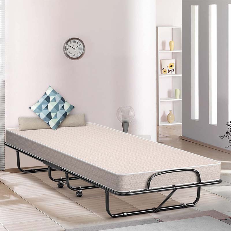 Twin Folding Bed w/ 5" Memory Foam Mattress, Portable Rollaway Guest Bed on Wheels, Heavy Duty Steel Frame, Space-Saving Design, Made in Italy