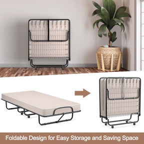 Twin Folding Bed w/ 5" Memory Foam Mattress, Portable Rollaway Guest Bed on Wheels, Heavy Duty Steel Frame, Space-Saving Design, Made in Italy