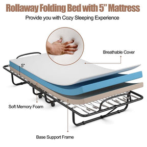 Twin Folding Bed w/ 5" Memory Foam Mattress, Portable Rollaway Guest Bed on Wheels, Heavy Duty Steel Frame, Space-Saving Design, Made in Italy