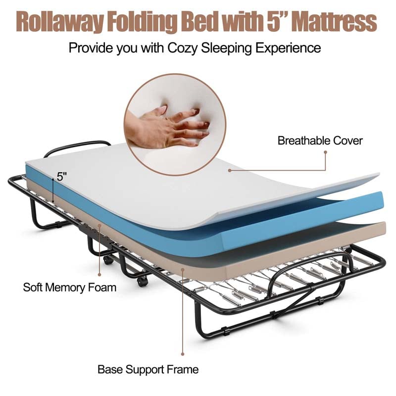 Twin Folding Bed w/ 5" Memory Foam Mattress, Portable Rollaway Guest Bed on Wheels, Heavy Duty Steel Frame, Space-Saving Design, Made in Italy