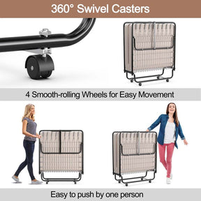 Twin Folding Bed w/ 5" Memory Foam Mattress, Portable Rollaway Guest Bed on Wheels, Heavy Duty Steel Frame, Space-Saving Design, Made in Italy