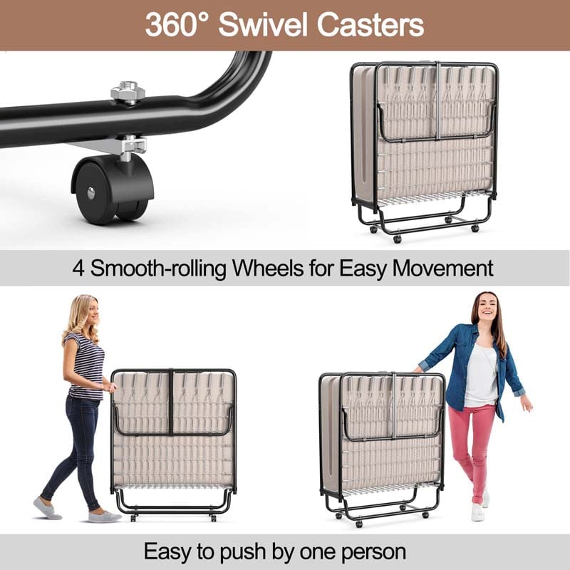 Twin Folding Bed w/ 5" Memory Foam Mattress, Portable Rollaway Guest Bed on Wheels, Heavy Duty Steel Frame, Space-Saving Design, Made in Italy