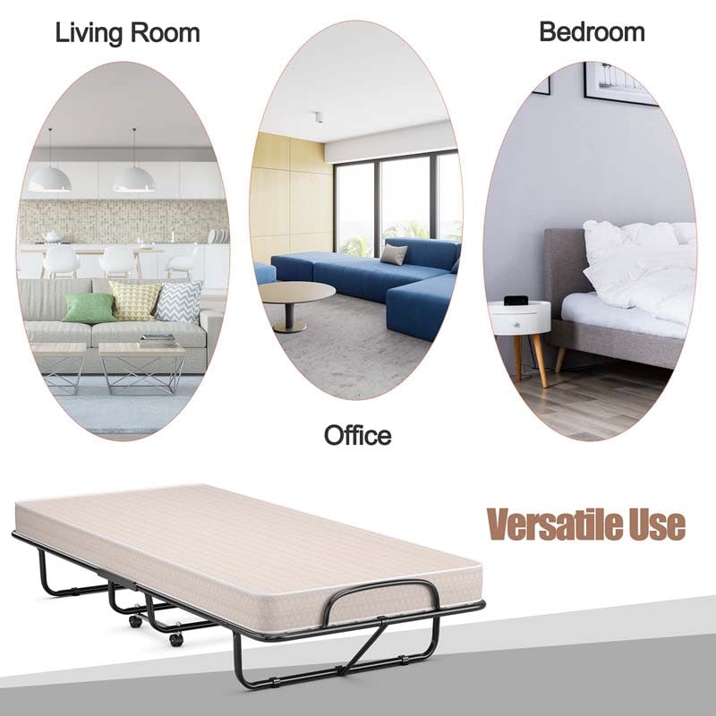 Twin Folding Bed w/ 5" Memory Foam Mattress, Portable Rollaway Guest Bed on Wheels, Heavy Duty Steel Frame, Space-Saving Design, Made in Italy