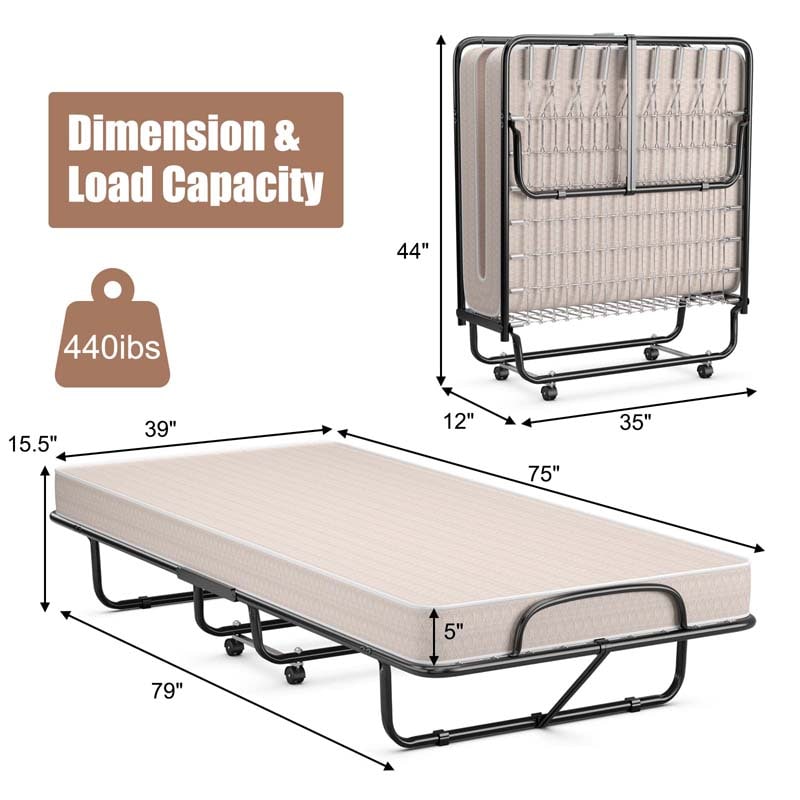 Twin Folding Bed w/ 5" Memory Foam Mattress, Portable Rollaway Guest Bed on Wheels, Heavy Duty Steel Frame, Space-Saving Design, Made in Italy