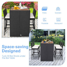 5 Pcs Rattan Patio Bar Set Dining Table Set Counter Height Bistro Set with Acacia Wood Tabletop & 4 Bar Stools