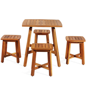 5 Piece Acacia Wood Patio Dining Furniture Set with Square Table & 4 Stools, Outdoor Bistro Set for Garden Porch Backyard Poolside