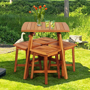 5 Piece Acacia Wood Patio Dining Furniture Set with Square Table & 4 Stools, Outdoor Bistro Set for Garden Porch Backyard Poolside