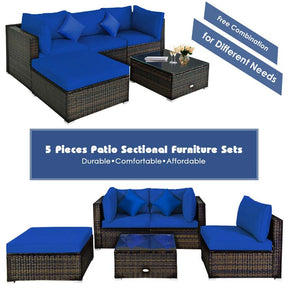 5 Pcs Outdoor Patio Rattan Furniture Sectional Sofa Set Wicker Conversation Set with Cushions