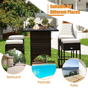 5 Pcs Rattan Patio Bar Set Counter Height Dining Table Set with Hidden Storage Shelf & Cushioned Bar Stools