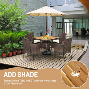 5 Piece PE Wicker Patio Dining Set with Cushions & Umbrella Hole, Outdoor Acacia Wood Dining Table & Armchairs for Backyard Garden Porch