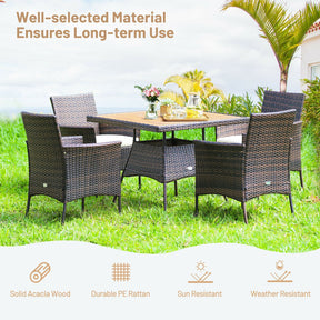 5 Piece PE Wicker Patio Dining Set with Cushions & Umbrella Hole, Outdoor Acacia Wood Dining Table & Armchairs for Backyard Garden Porch