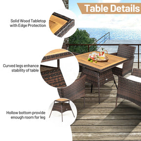 5 Piece PE Wicker Patio Dining Set with Cushions & Umbrella Hole, Outdoor Acacia Wood Dining Table & Armchairs for Backyard Garden Porch