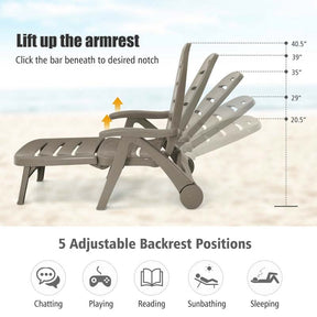 Rolling Folding Plastic Pool Lounge Chair with Armrests, 5-Position Outdoor Sun Lounger Patio Deck Chair Beach Chair