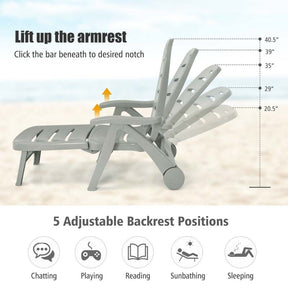 Rolling Folding Plastic Pool Lounge Chair with Armrests, 5-Position Outdoor Sun Lounger Patio Deck Chair Beach Chair