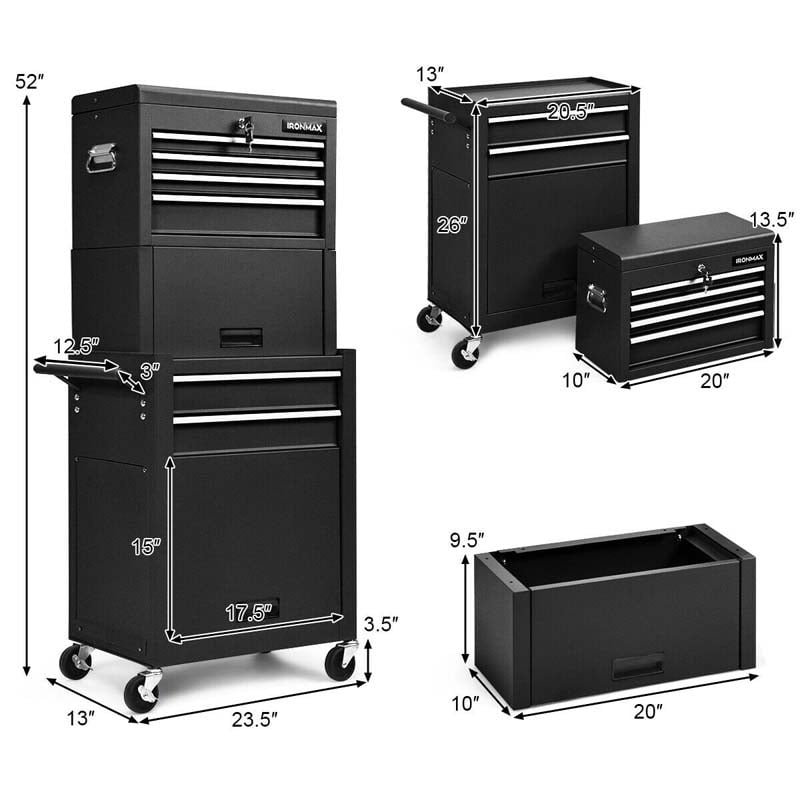 6-Drawer Rolling Tool Chest Cabinet, 3-in-1 Detachable Heavy-Duty High Capacity Tool Box Combo with Lockable Wheels for Garage Workshop