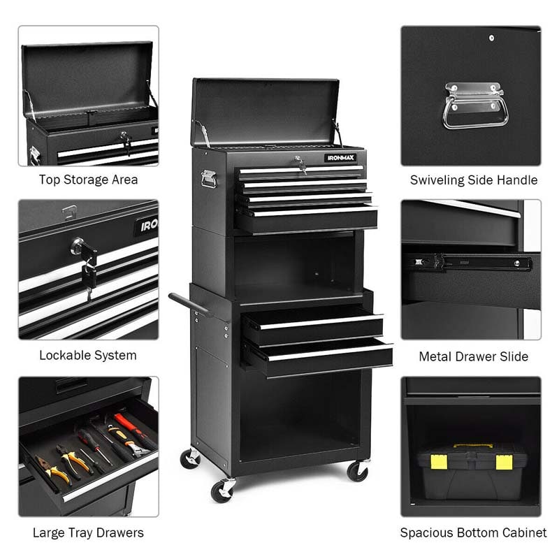 6-Drawer Rolling Tool Chest Cabinet, 3-in-1 Detachable Heavy-Duty High Capacity Tool Box Combo with Lockable Wheels for Garage Workshop