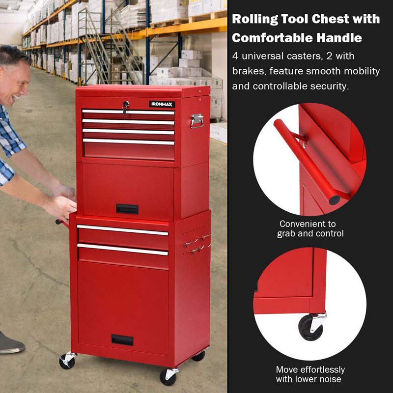 6-Drawer Rolling Tool Chest Cabinet, 3-in-1 Detachable Heavy-Duty High Capacity Tool Box Combo with Lockable Wheels for Garage Workshop