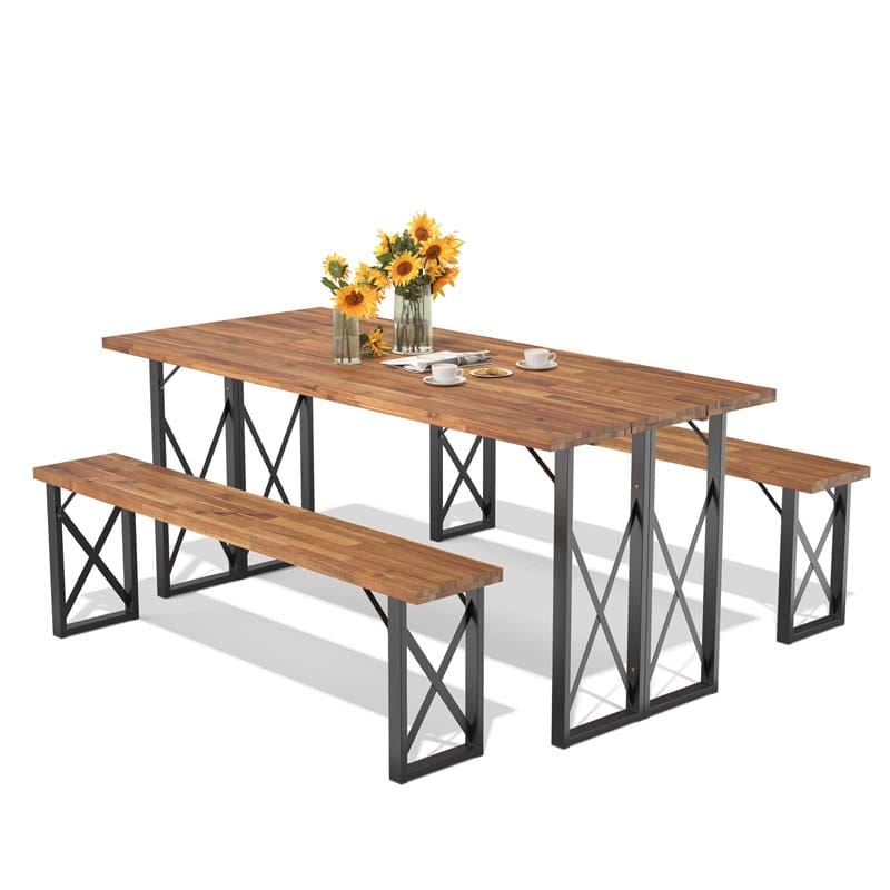 4-8 Person Acacia Wood Outdoor Picnic Table & Bench Set with 2" Umbrella Hole, 800Lbs Capacity Space-Saving Camping Dining Table Set for Patio Garden
