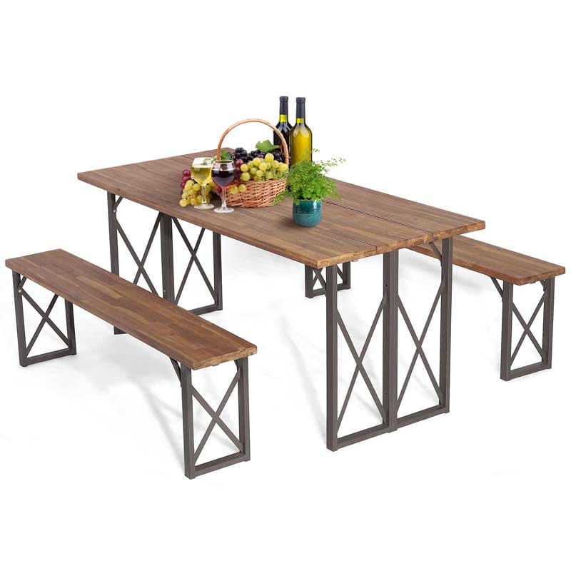 4-8 Person Acacia Wood Outdoor Picnic Table & Bench Set with 2" Umbrella Hole, 800Lbs Capacity Space-Saving Camping Dining Table Set for Patio Garden