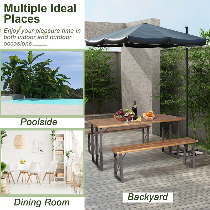4-8 Person Acacia Wood Outdoor Picnic Table & Bench Set with 2" Umbrella Hole, 800Lbs Capacity Space-Saving Camping Dining Table Set for Patio Garden